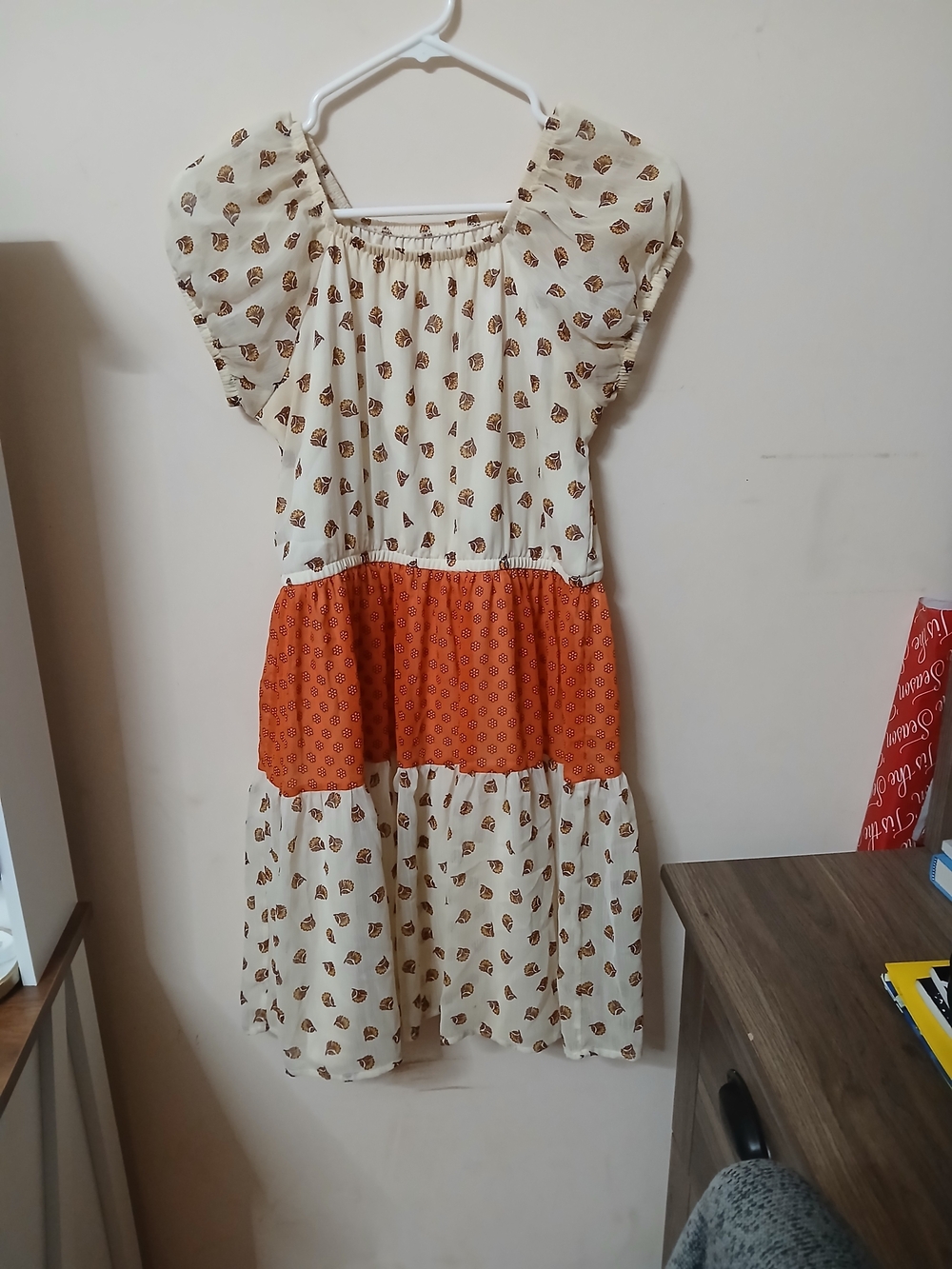 wonder nation Cream and Orange Tiered Flutter Sleeve Dress